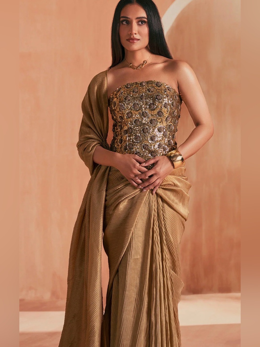 NWT Lashkaraa x Just Jully Gold Strapless Corset Saree Dress - Size XL